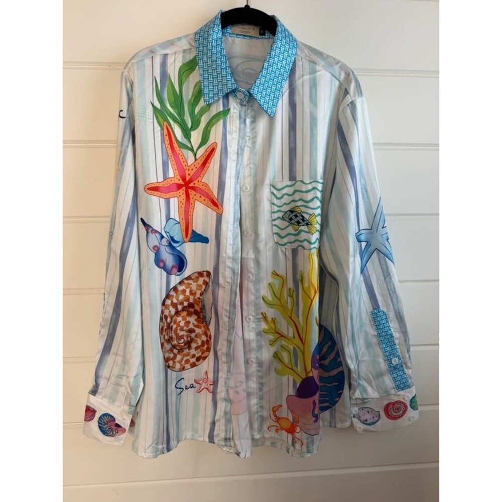 Charlotte Green Magic Ocean Starfish Nautical Graphic Button-Down Shirt Sz 14